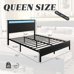 Fluest Queen Bed Frame with Headboard & Footboard, Bed Frame with Built-in Charging Station LED Light, Storage Shelf,Customized