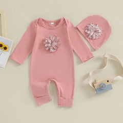 VISgogo 2 cs Newborn Rompers Spring Autumn Baby Girl Clothes Floral Cotton Blend Jumpsuit Overall + Hat Suit for 0-18 months