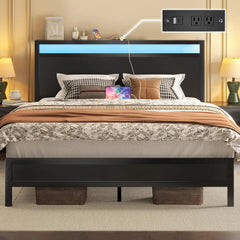 Fluest Queen Bed Frame with Headboard & Footboard, Bed Frame with Built-in Charging Station LED Light, Storage Shelf,Customized