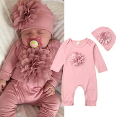VISgogo 2 cs Newborn Rompers Spring Autumn Baby Girl Clothes Floral Cotton Blend Jumpsuit Overall + Hat Suit for 0-18 months