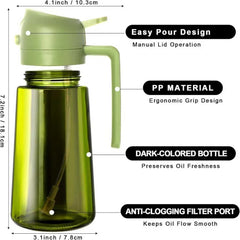 Olive Oil Dispenser,Sprayer for Cooking 2 in 1- Spray and Pour,Dark Green Glass Oil Bottlewith Stickers,16oz/470ml Oil Sprayer