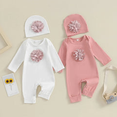 VISgogo 2 cs Newborn Rompers Spring Autumn Baby Girl Clothes Floral Cotton Blend Jumpsuit Overall + Hat Suit for 0-18 months