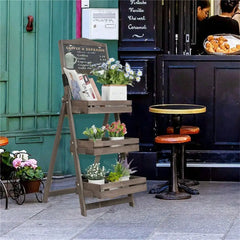 Folding Wood A-Frame Pavement Chalkboard With 3 Tier Ladder Plant Stand Shelf