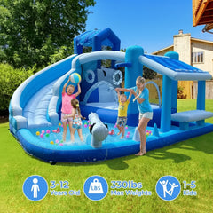 Inflatable Water Slide Park-Huge Splash Pool-Easy to Set Up & Inflate with Air Blower,Bule Water Slid Outdoor Use