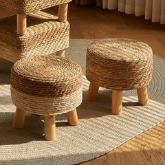 Grass woven stool, rural low stool, rattan woven shoe changing stool, thickened woven seat cushion stool