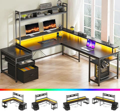 64 x 60 Inches L Shaped Desk with Hutch and Drawers, Gaming Desk with Power Outlet & Monitor Stand & LED Lights, Corner Desk