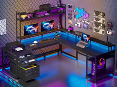64 x 60 Inches L Shaped Desk with Hutch and Drawers, Gaming Desk with Power Outlet & Monitor Stand & LED Lights, Corner Desk