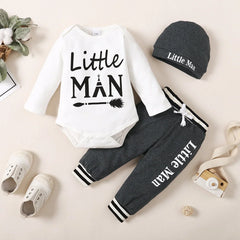 Winter 0-1 Years Old Infant Baby Boys Long Sleeved Letter Printing Romper Sports Pants 3-Piece Set With Hat