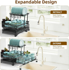 2 Tier Dish Drying Rack, Anti-Rust Large Dish Drainers for Kitchen Sink with Dish Drying Mat