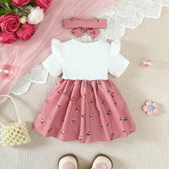 2PCS Infant Baby Girl Pink Cherry Print Ruffle Short Sleeve Dress + Headbandr for 0-2Y Toddler Sweet Summer Princess Dress