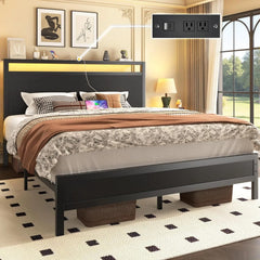 Fluest Queen Bed Frame with Headboard & Footboard, Bed Frame with Built-in Charging Station LED Light, Storage Shelf,Customized