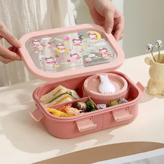 1000/1350ml Portable Cartoon Bento Box with Soup Bowl Lunch Box Buckle Design Sealed Leak-proof Picnic Food Storage Container