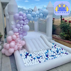 (This product is currently out of stock)White Bounce House With Slide Ball Pit Party Inflatable Mini Bouncy Castle With Blower