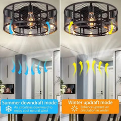 Reversible 6 Speed Ceiling Fan Lights with Remote Control Black Cage Flush Mount Fandelier Rustic Farmhouse Lighting