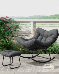Oversized Papasan Rocking Chair With Ottoman, Outdoor Lounge Egg Rocker For Porch Balcony Backyard, Heavy Duty 450lb Capacity