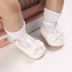 Solid Color PU Leather Bowknot Princess Shoes, Baby Learning Walk Shoes Prewalkers for Newborn Girls 0-18M