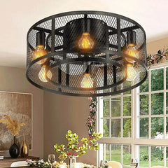 Reversible 6 Speed Ceiling Fan Lights with Remote Control Black Cage Flush Mount Fandelier Rustic Farmhouse Lighting