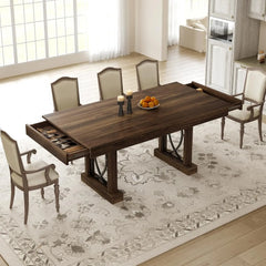 Wooden Rectangular Kitchen Table with Double Pedestal & Large Tabletop Dining Room Table for 6-8 with 2 Drawers Walnut