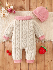 Baby Thick Double-Sided Fleece Doll Collar Romper Set Sweet 3D Strawberry Pocket Cable Knit Romper + Matching Warm Hat Soft and Warm for Winter Outings