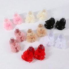 Soft Baby ulle Bow with Pearl Embellishments Socks Ideal for Birthday & Photoshoot baby socks