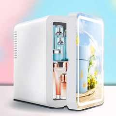 Portable mini makeup refrigerator with skincare products stored inside.