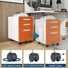 Lockable Secure 3-Drawer Metal File Cabinet Mobile Under Desk Storage on 5 Wheels, Anti-Tilt, for Home Office Organization