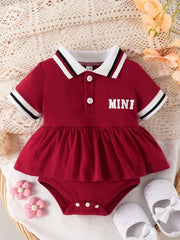Baby Girl Red Polo Dress Set, Short-Sleeve "MINI" Letter Print Ruffled Dress with Bodysuit, Toddler Casual Outfit
