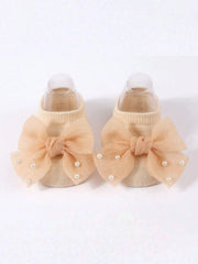 Soft Baby ulle Bow with Pearl Embellishments Socks Ideal for Birthday & Photoshoot baby socks