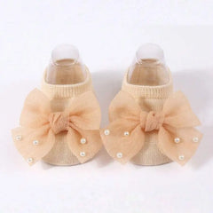 Soft Baby ulle Bow with Pearl Embellishments Socks Ideal for Birthday & Photoshoot baby socks