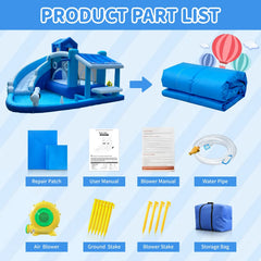 Inflatable Water Slide Park-Huge Splash Pool-Easy to Set Up & Inflate with Air Blower,Bule Water Slid Outdoor Use