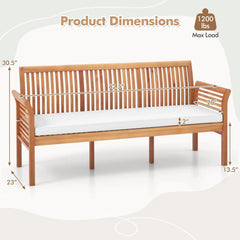 Wooden Outdoor Bench with White Cushion, Garden Bench with Curved Armrest & Slatted Back for Patio, Park & Porch