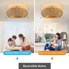 Bamboo Ceiling Fan Fans With Lights Remote Control Bedroom Decor Ventilator Lamp 50cm Air Invisible Blades Retractable Silent