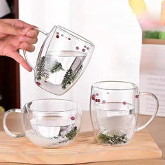 200/350ML Christmas Mug Double Wall Glass Cup Snow Scene Coffee Cup Heat Resistant Juice Milk Glass Water Cup Christmas Gift