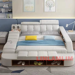 MINGDIBAO All In One Bed, Luxury Multifunctional Genuine Leather Bed Frame with Tatami, Tech Smart Ultimate Lit 2 Personnes