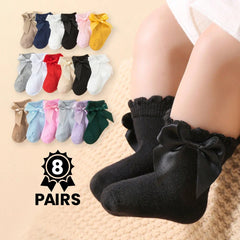 8 Pairs Baby Girls Bow Socks Set Soft Ankle Socks 0-3Y Toddler Princess Socks With Big Bow Solid Color Kids Socks