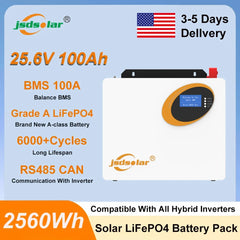 Jsdsolar 25.6V 100Ah LiFePO4 Battery 100A BMS 2560Wh Solar Lithium Iron Phosphate Battery 6000+ Cycles CAN RS485 For Solar Power System