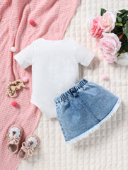 Summer Baby Girl Outfit Set with Bear And Leopard Print Butterfly Knot Short Sleeve Romper And Denim Mini Skirt 2-Piece Set for