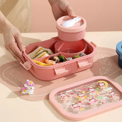 1000/1350ml Portable Cartoon Bento Box with Soup Bowl Lunch Box Buckle Design Sealed Leak-proof Picnic Food Storage Container