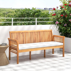 Wooden Outdoor Bench with White Cushion, Garden Bench with Curved Armrest & Slatted Back for Patio, Park & Porch