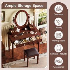 Vanity Desk with Adjustable Angle Mirror, Vintage Vanity Makeup Table and Cushioned Stool Set with