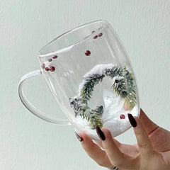 200/350ML Christmas Mug Double Wall Glass Cup Snow Scene Coffee Cup Heat Resistant Juice Milk Glass Water Cup Christmas Gift