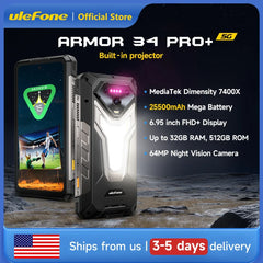 Ulefone Armor 34 Pro Plus 5G AI Rugged Phone 6.95" 25500mAh 32GB+512GB Built-in Projector 120Hz NFC Dimensity 7400X Smartphone