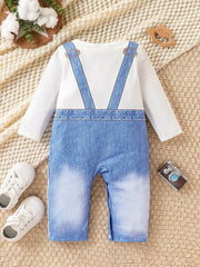 Spring Autumn Baby Boys 1-6M Faux Denim Overalls Print Long Sleeve Onesie Newborn Casual Daily Romper