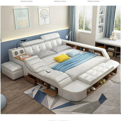 MINGDIBAO All In One Bed, Luxury Multifunctional Genuine Leather Bed Frame with Tatami, Tech Smart Ultimate Lit 2 Personnes