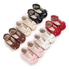Solid Color PU Leather Bowknot Princess Shoes, Baby Learning Walk Shoes Prewalkers for Newborn Girls 0-18M