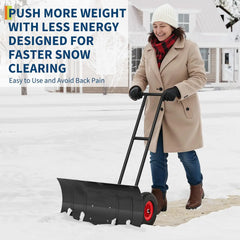 Heavy Duty Rolling Snow Shovel with Wheels 100x42cm Carbon Steel Blade 5-Position Adjustable Angled Blade & Height Handle