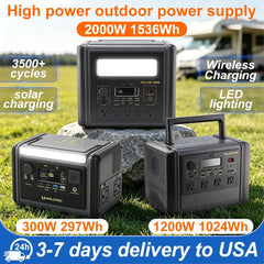 GSIKE Portable Power Station LiFePO4 Solar Generator Pure Sine Wave 110V AC Outlet 300W 1200W 2000W Option for Camping RV Home Blackout Emergency Backup
