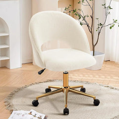 Vanity Chair with Back, Cute Office Desk Chair with Wheels for Girls, Upholstered Armless Accent Chair with Gold Metal Height