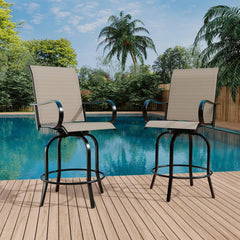Set Of 2 All-Weather Swivel Bar Stools, 360° Rotating Outdoor Counter Height Chairs With High Back & Armrests For Deck Patio