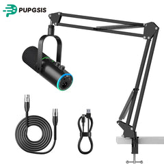 Pupgsis Dynamic Podcast Microphone for Studio, Cardioid XLR/USB Mic, AI Noise Cancellation, Mute Button, 3.5mm Headphone Jack for Monitoring, Volume Control, Microfono with Boom Arm